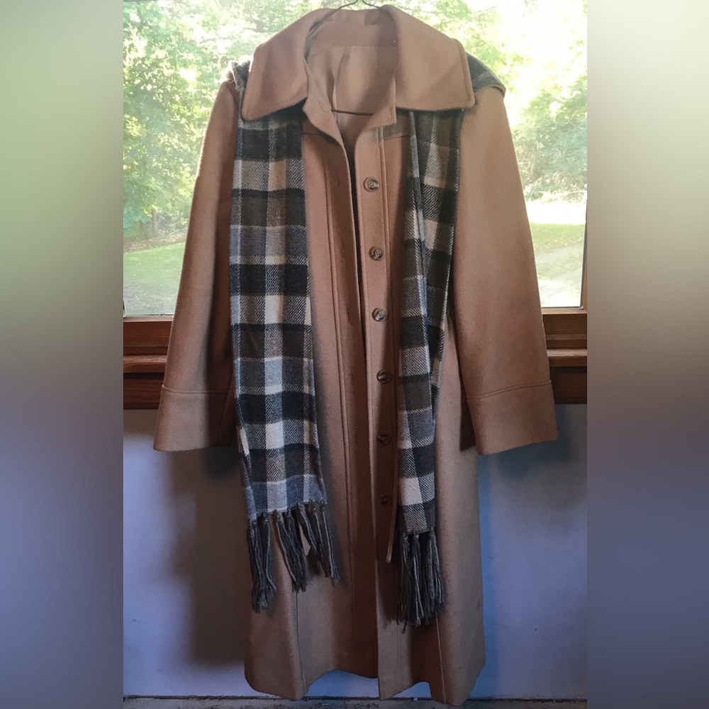 New tan pea coat with hood attached to scarf plaid